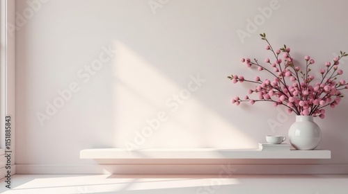 Wallpaper Mural A Minimalist Pink Blossom Arrangement on a White Shelf Against a Pale Wall with Sunlight Streaming Through a Window Torontodigital.ca
