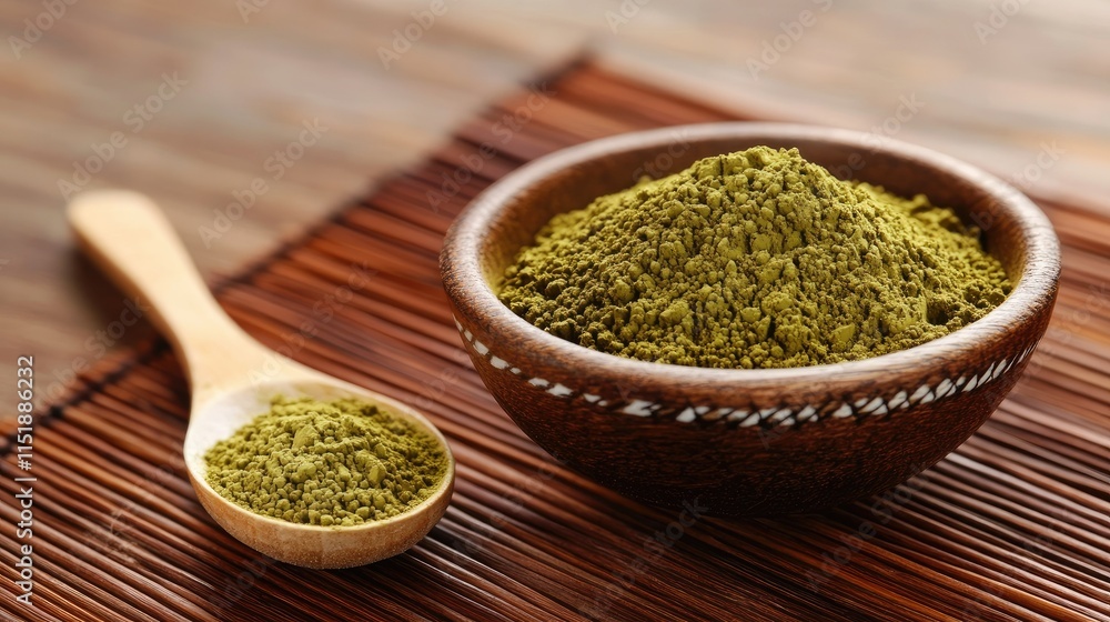 A rustic wooden spoon holding matcha powder, placed next to a freshly whisked bowl of matcha tea on a bamboo mat A rustic wooden spoon holding matcha powder, placed next to a freshly whisked bowl of matcha tea on a bamboo mat