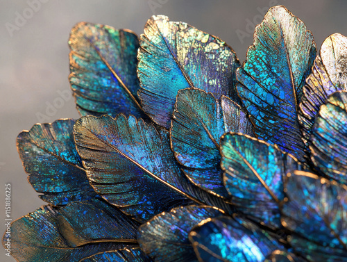 Vibrant peacock feathers with iridescent colors and intricate details