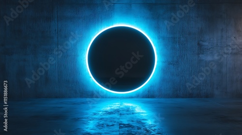 A luminous neon circle glowing intensely, featuring a solid black core in the middle. photo