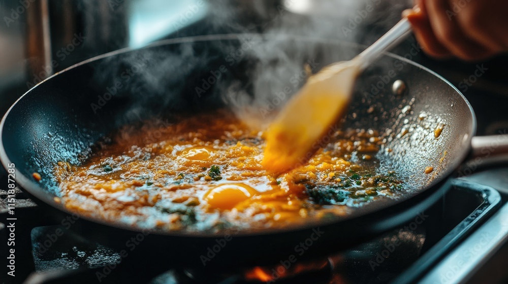 A salted egg yolk sauce being stirred in a hot pan, creating a glossy, creamy consistency A salted egg yolk sauce being stirred in a hot pan, creating a glossy, creamy consistency