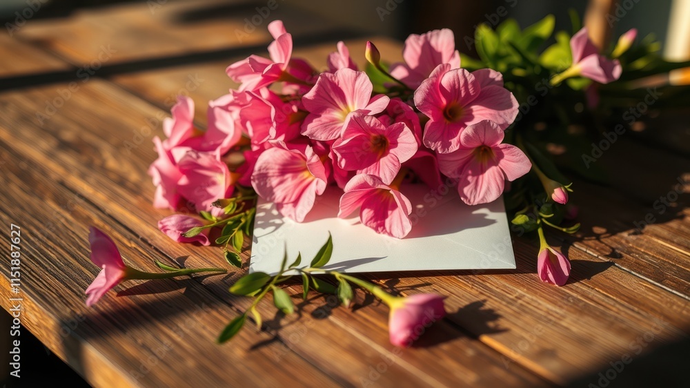 A bouquet of pink flowers rests on a wooden surface, a white envelope nestled among the petals, bathed in soft sunlight. A bouquet of pink flowers rests on a wooden surface, a white envelope nestled among the petals, bathed in soft sunlight.