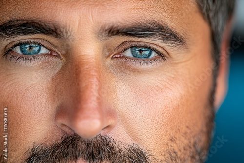 A hyper-realistic close-up of a guy face with intense, thoughtful expression, showing every detail of his skin and stubble photo