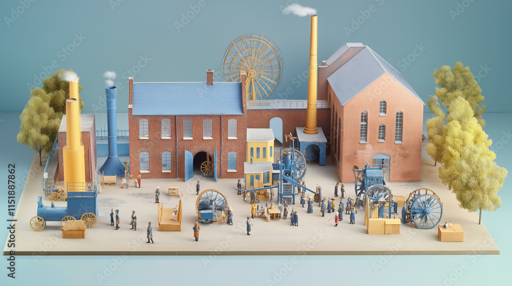 Fototapeta premium A detailed miniature model depicting a historical industrial scene with factories, machines, and workers, showcasing the essence of early industrialization.