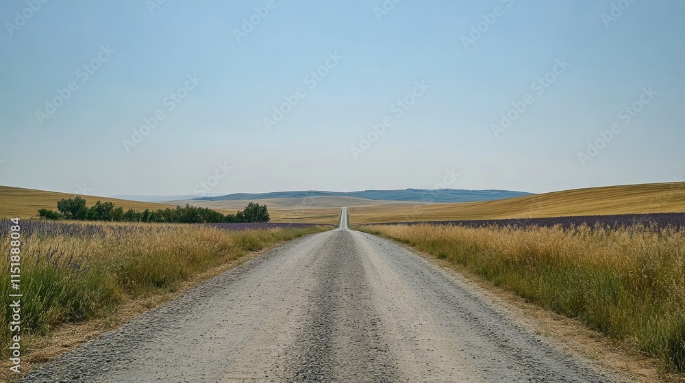 A serene gravel road through lavender fields, stretching toward the horizon under a clear, peaceful summer sky A serene gravel road through lavender fields, stretching toward the horizon under a clear, peaceful summer sky