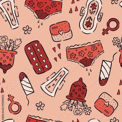 Seamless hand-drawn pattern featuring menstrual hygiene items.