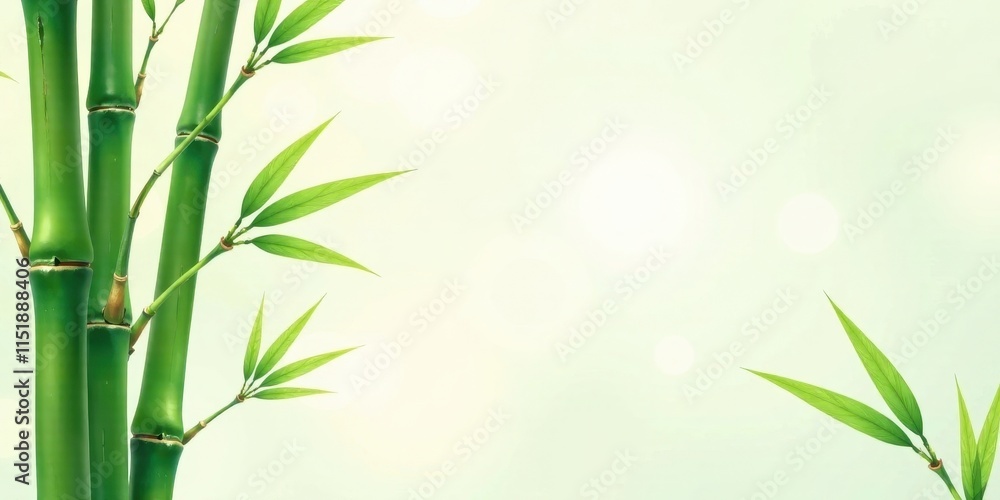 Fototapeta premium Serene Bamboo Stalks with Lush Green Foliage Against a Soft, Light Background