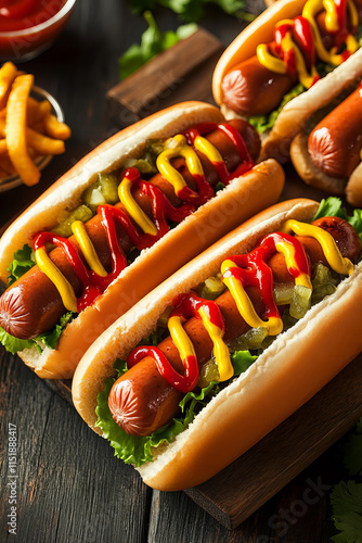 Delicious Gourmet Hot Dog with Toppings, Served on Rustic Wooden Table for a Casual Dining or Fast Food Concept photo