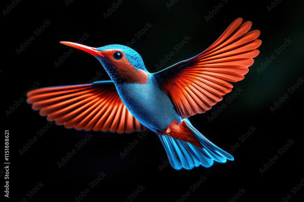Obraz premium vibrant bird with striking blue and orange feathers in flight, showcasing its translucent wings
