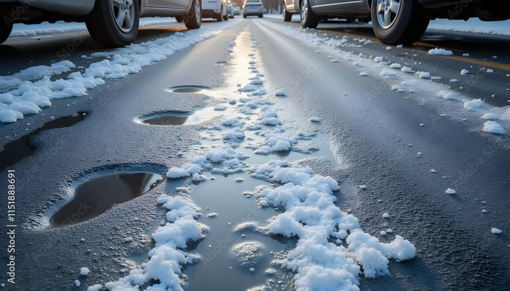 Urban Scene of Slushy Mixture on a Gritty Asphalt Road with Soft Afternoon Light