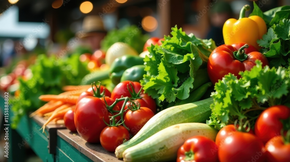 Vibrant Display of Freshly Harvested Vegetables at a Farmers Market Featuring Tomatoes, Peppers, and Leafy Greens Vibrant Display of Freshly Harvested Vegetables at a Farmers Market Featuring Tomatoes, Peppers, and Leafy Greens