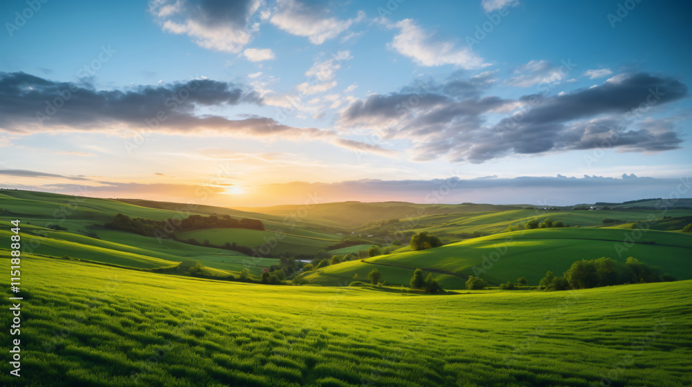 Sunrise over Lush Green Hills and Agricultural Fields , Tranquil Countryside Scene, Generative ai Sunrise over Lush Green Hills and Agricultural Fields , Tranquil Countryside Scene, Generative ai
