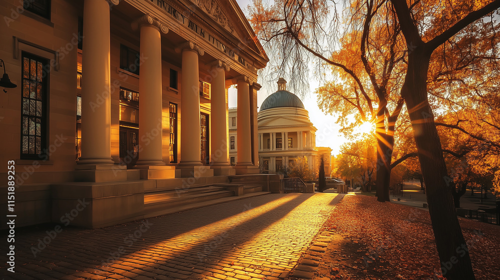Obraz premium Courthouse Exterior at Sunset, Golden Sunlight Casting Long Shadows on Cobblestone Pathway. Detailed Architecture with Columns and Dome, Blurred Cityscape Background.