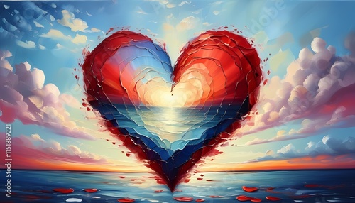 Heart-shaped sunset, abstract art, ocean reflection, colorful sky, romantic design.