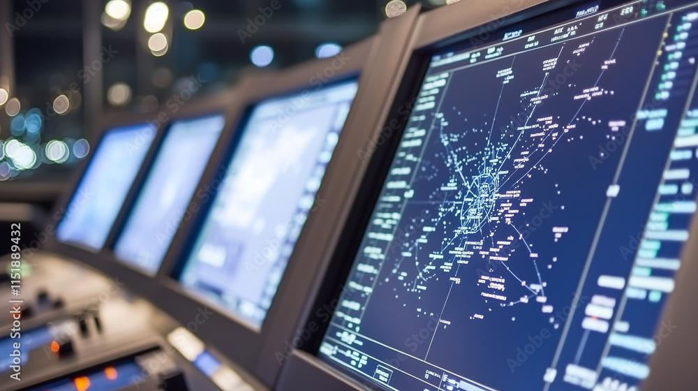 Obraz premium A Close-Up of an Air Traffic Control Console, Featuring Multiple Screens Displaying Flight Paths and Data, Emphasizing the Complexity and Precision Needed in Air Traffic Management. The Slightly Blurr