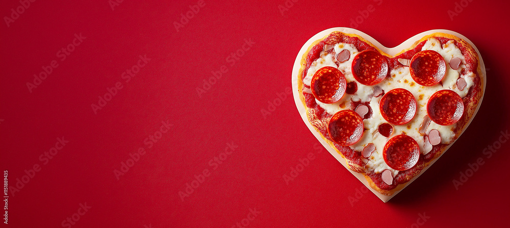 Heart shaped pizza with pepperoni on vibrant red background, perfect for celebrations and romantic occasions. This delicious treat is sure to delight anyone who loves pizza Heart shaped pizza with pepperoni on vibrant red background, perfect for celebrations and romantic occasions. This delicious treat is sure to delight anyone who loves pizza