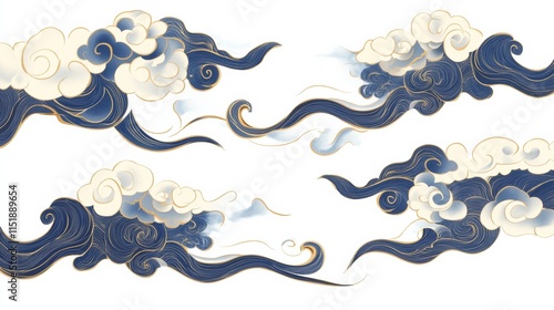 Chinese-inspired wind elements, vector illustration with simple lines, cloud pattern decoration, and a color scheme of blue and gold. The shape is a long, curved design with three elements on the same