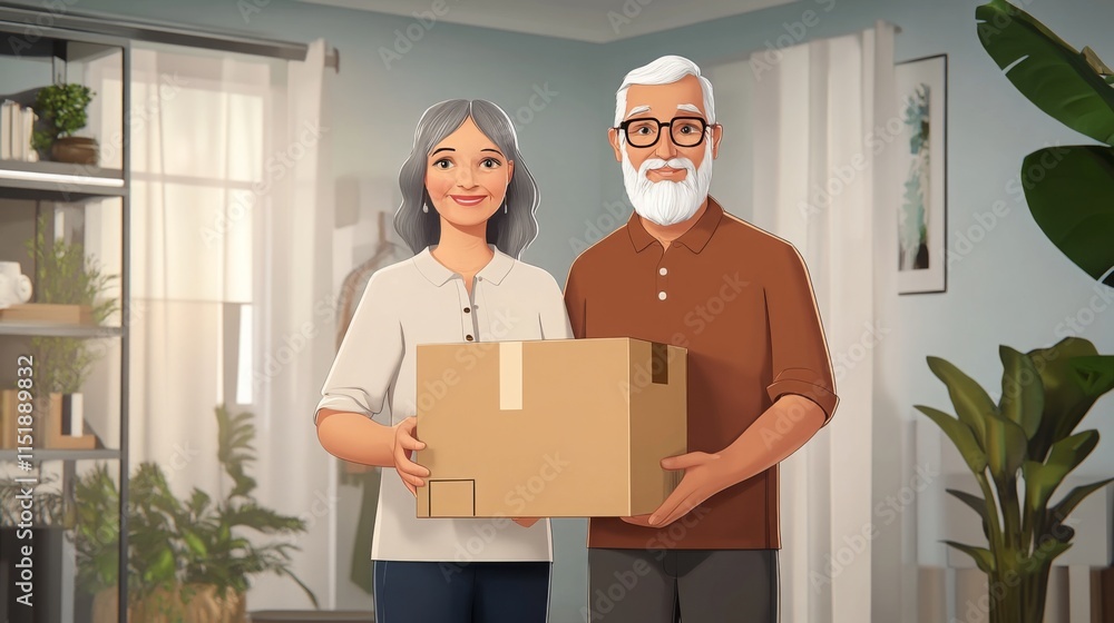 A cheerful couple stands together in a well-lit living room, smiling while holding a cardboard box. The space features plants and a cozy atmosphere, symbolizing their new beginnings in real estate. A cheerful couple stands together in a well-lit living room, smiling while holding a cardboard box. The space features plants and a cozy atmosphere, symbolizing their new beginnings in real estate.