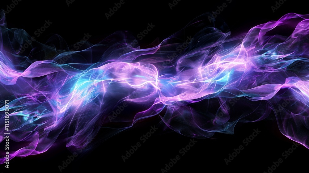 Obraz premium A digital wavy background with interconnected luminous curves in purple and cyan on a black base.