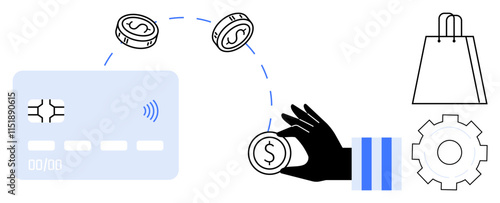 Credit card, coins, shopping bag, black hand, gear icon emphasizing contactless payment, e-commerce, fintech, and shopping concepts. Ideal for online shopping financial services fintech startups