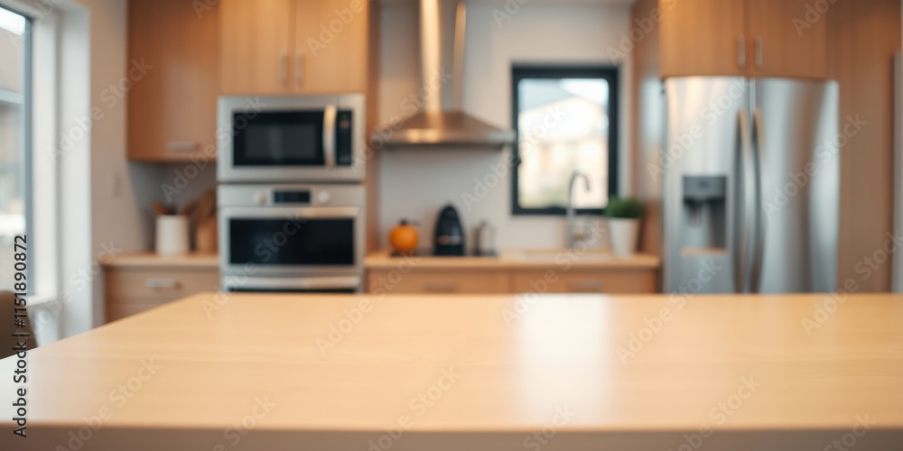 A Wooden Kitchen Countertop with a Blurred Background of a Modern Kitchen with Appliances and a Window A Wooden Kitchen Countertop with a Blurred Background of a Modern Kitchen with Appliances and a Window