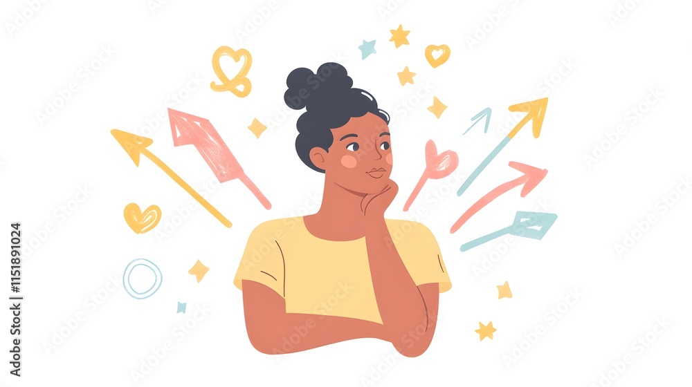 A woman is contemplating which direction to choose, with arrows pointing in different directions around her. A woman is contemplating which direction to choose, with arrows pointing in different directions around her.