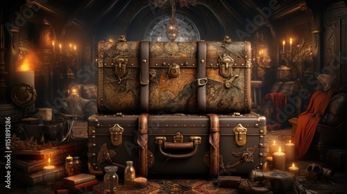 Antique Suitcases in a Mysterious Chamber: A Digital Painting