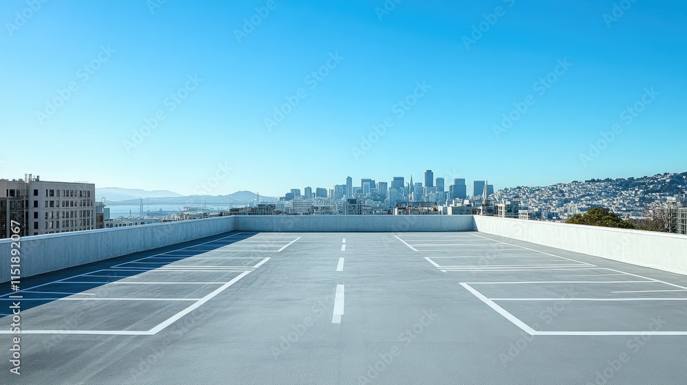 Obraz premium A spacious rooftop parking lot with clean white lines, surrounded by a panoramic city skyline under a clear blue sky