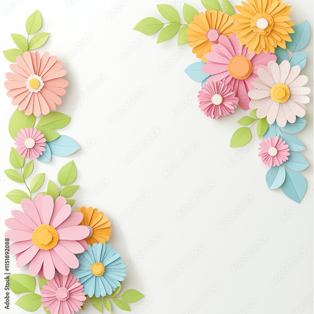 A vibrant arrangement of colorful paper flowers and leaves, creating a cheerful and decorative corner on a light background. A vibrant arrangement of colorful paper flowers and leaves, creating a cheerful and decorative corner on a light background.
