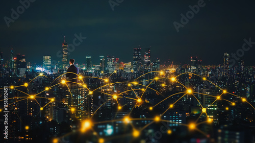 Wallpaper Mural Abstract businesswoman stands on the peak of success Smart digital city with connection cyber security network reciprocity over the cityscape future wireless digital city and social media networking Torontodigital.ca