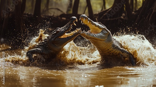 Two crocodiles fiercely battle in muddy water