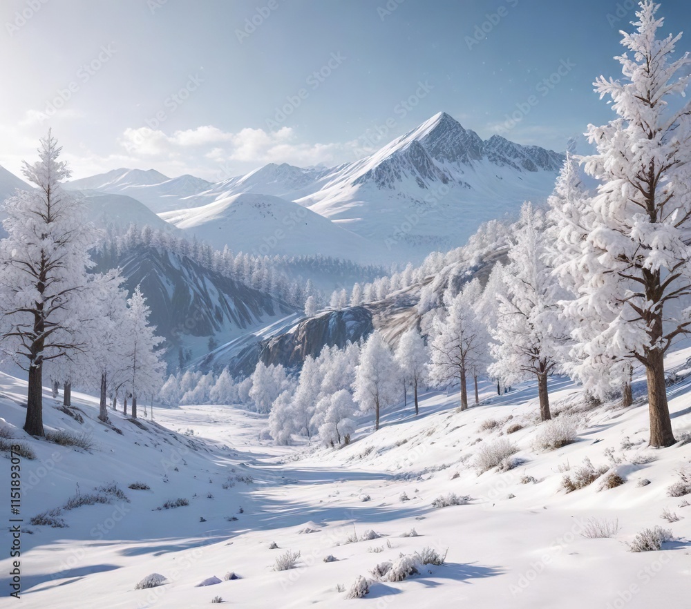 Glittering snow-covered hills with sparkling trees, winter wonderland, glittery, peaceful Glittering snow-covered hills with sparkling trees, winter wonderland, glittery, peaceful