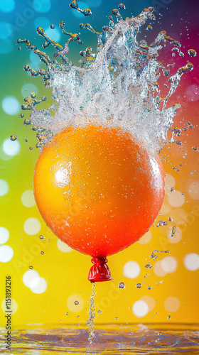 Bursting water balloon creating splash with vibrant colors in background