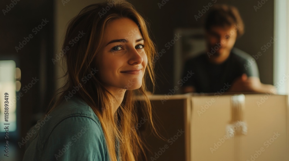 A young woman smiles at the camera while sitting next to boxes in a cozy room. A man is seen in the background, engaged in unpacking. They appear to be settling into their new space. A young woman smiles at the camera while sitting next to boxes in a cozy room. A man is seen in the background, engaged in unpacking. They appear to be settling into their new space.