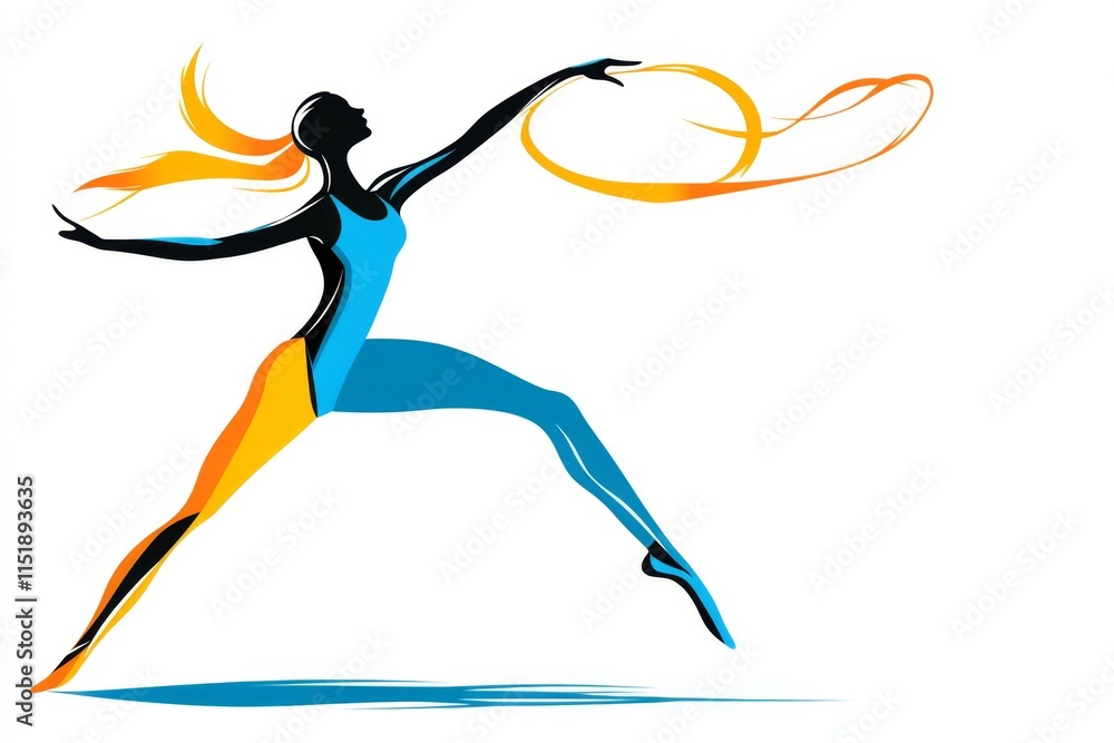 A playful 2D illustration of a rhythmic gymnast holding a ribbon, drawn with bright colors and exaggerated loops on a clean white canvas A playful 2D illustration of a rhythmic gymnast holding a ribbon, drawn with bright colors and exaggerated loops on a clean white canvas
