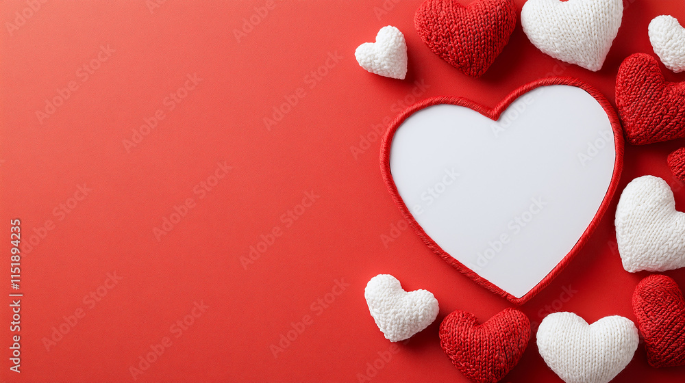 Obraz premium vibrant Valentine Day background featuring knitted hearts in red and white surrounding blank heart shaped frame. Perfect for romantic messages and celebrations