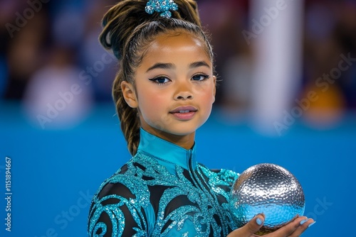 A rhythmic gymnast on a soft blue mat, balancing on her toes while gracefully holding a silver ball in one hand photo