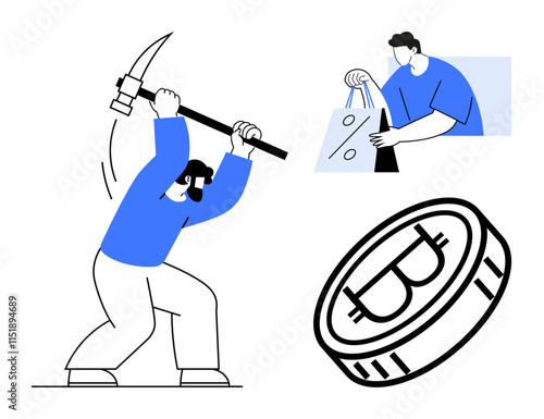 Person manually mining Bitcoin another person holding shopping bags. Bitcoin coin illustration. Ideal for cryptocurrency, digital finance, e-commerce, blockchain, investment, online payments