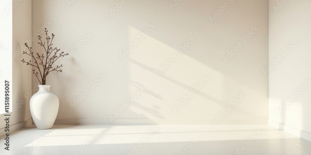 Serene Minimalist Room Corner with Dried Branches in a White Vase, Bathed in Soft Sunlight Serene Minimalist Room Corner with Dried Branches in a White Vase, Bathed in Soft Sunlight