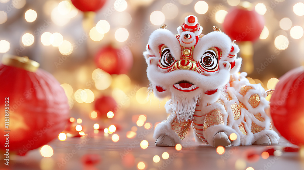 Fototapeta premium cute dragon figure in traditional lion dance setting, surrounded by red lanterns and festive lights, evokes joyful celebration