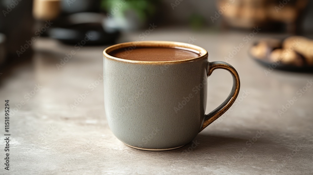 A rustic mug filled with hot beverage, placed on a textured surface, surrounded by a cozy atmosphere. A rustic mug filled with hot beverage, placed on a textured surface, surrounded by a cozy atmosphere.