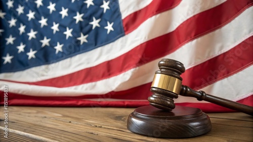 Judge's gavel with the American flag background photo