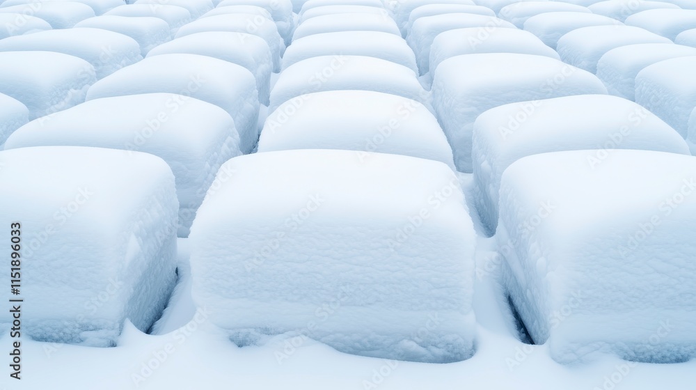 Fototapeta premium A serene landscape featuring uniform snow-covered bales arranged in rows, creating a tranquil winter scene.