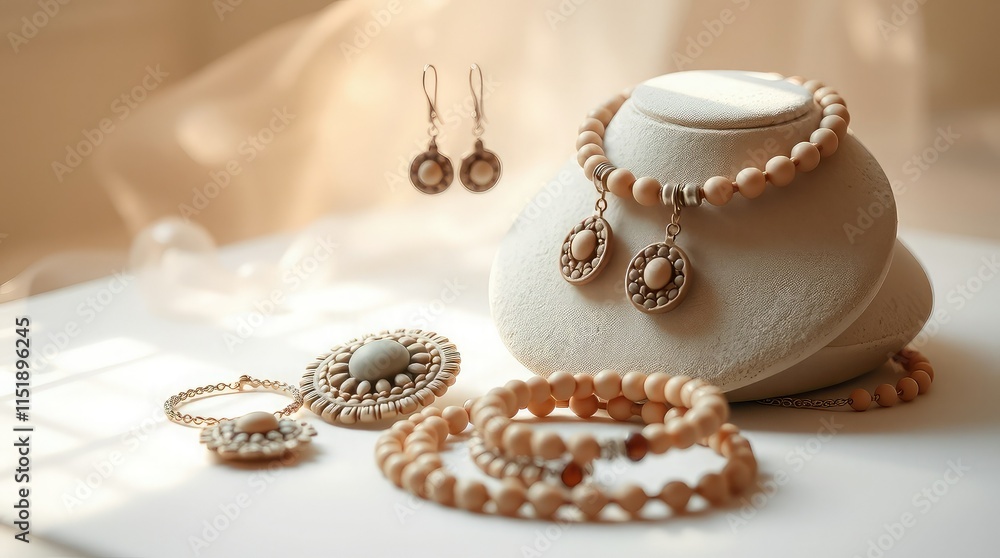 Create a collection of clay jewelry, including bracelets, earrings, and necklaces, in a dreamy, hazy setting with soft light. Create a collection of clay jewelry, including bracelets, earrings, and necklaces, in a dreamy, hazy setting with soft light.