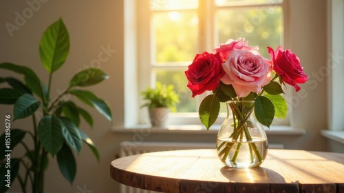 Fototapeta Naklejka Na Ścianę i Meble -  Sunlit roses in a glass vase on a wooden table near a leafy plant