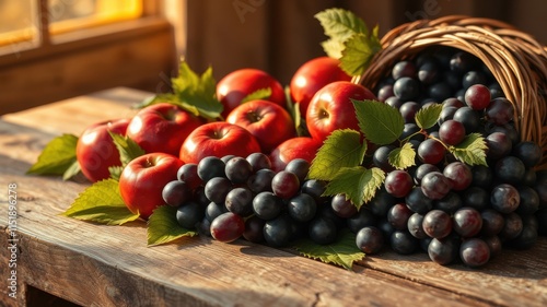 Wallpaper Mural A Rustic Still Life of Autumnal Fruit, Featuring Red Apples and Grapes, Spilled from a Wicker Basket on a Rough Wooden Surface Torontodigital.ca