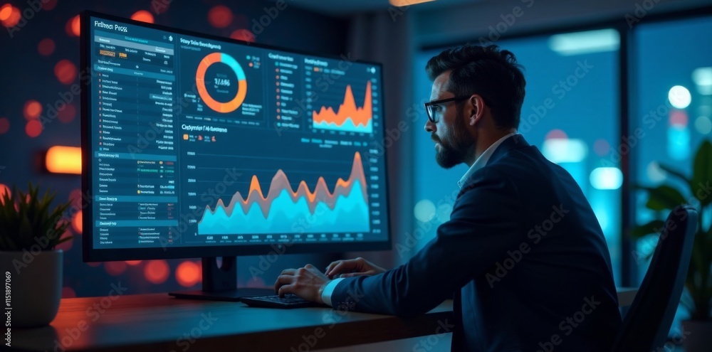 Businessman sitting in front of virtual screen with AI dashboard and data analytics tools, tech innovation, data analysis Businessman sitting in front of virtual screen with AI dashboard and data analytics tools, tech innovation, data analysis