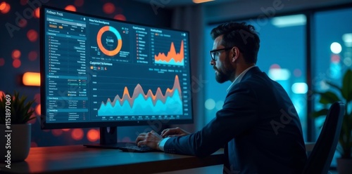 Businessman sitting in front of virtual screen with AI dashboard and data analytics tools, tech innovation, data analysis