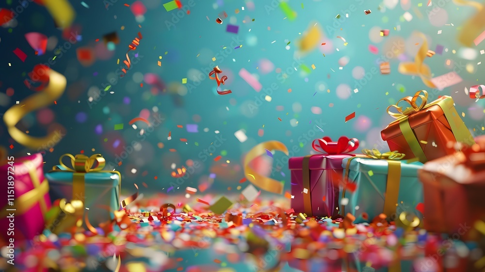 Fototapeta premium Colorful Party Background with Gifts, Confetti, and Celebration