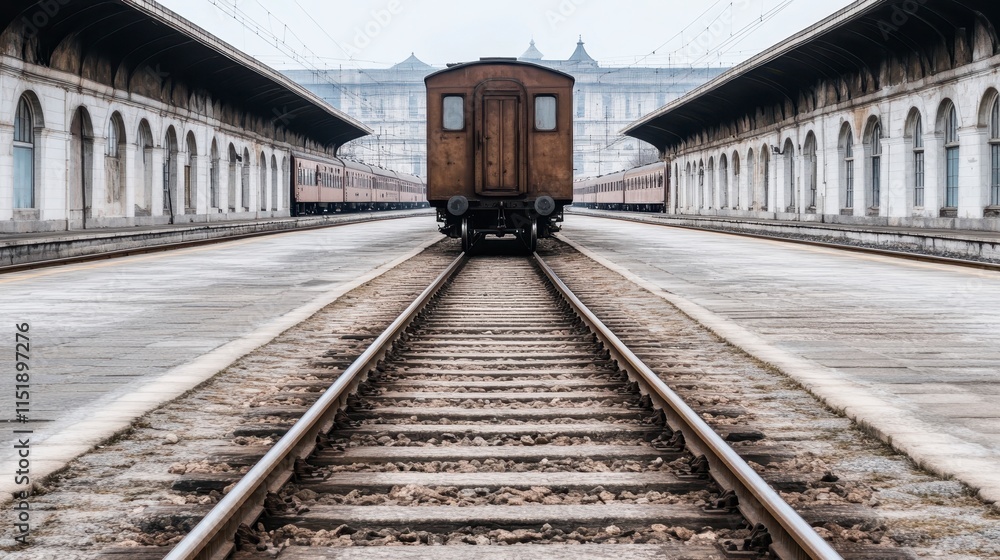 An old wooden train car stands on desolate tracks, flanked by empty platforms in a quiet railway station, evoking a sense of nostalgia and abandonment. An old wooden train car stands on desolate tracks, flanked by empty platforms in a quiet railway station, evoking a sense of nostalgia and abandonment.